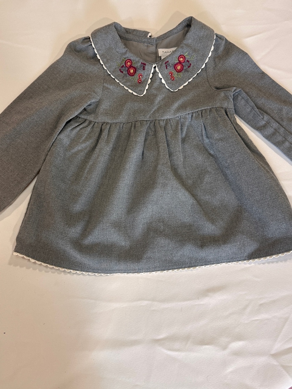 Tahari Grey Long-Sleeve Dress with Pink Embroidery